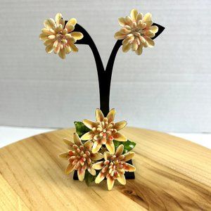 Yellow Enamel Flower Bouquet Brooch And Clip On Earring set Vintage 1980's
